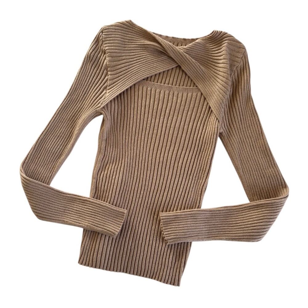 Shein Tan Ribbed Sweatshirt Twist Front Top Women’s Medium Cozy Knit